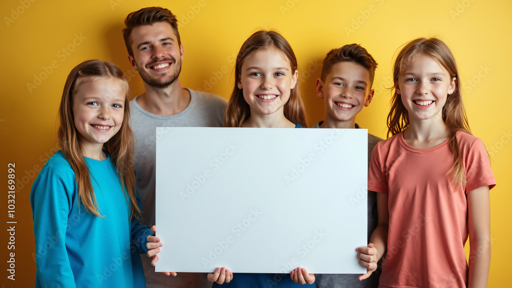 Happy smiling group of diverse children showing blank placard board - Perfect for education or youth campaign ads Happy smiling group of diverse children showing blank placard board - Perfect for education or youth campaign ads