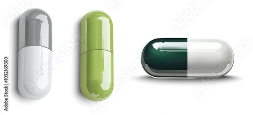 A set of three isolated capsule pills in different shades of white, green, and gray, placed on a white background. Vector realistic mockup of pharmaceutical capsule