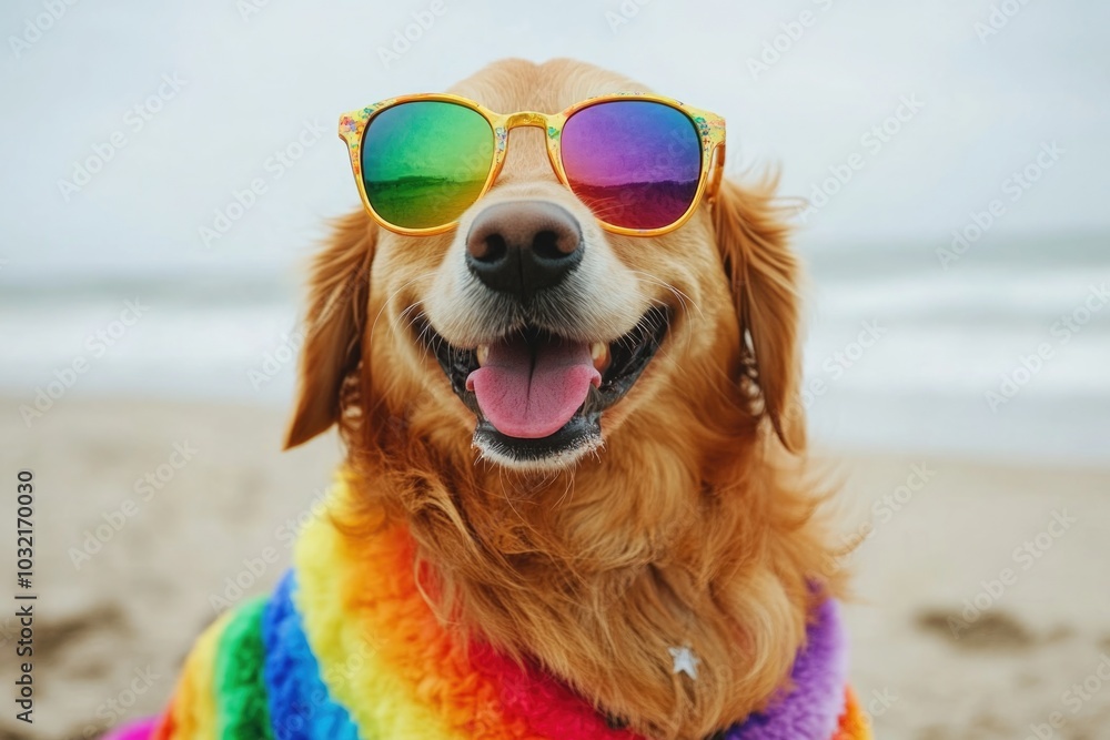 A happy dog enjoying the sun and sand at the beach, wearing cool shades A happy dog enjoying the sun and sand at the beach, wearing cool shades
