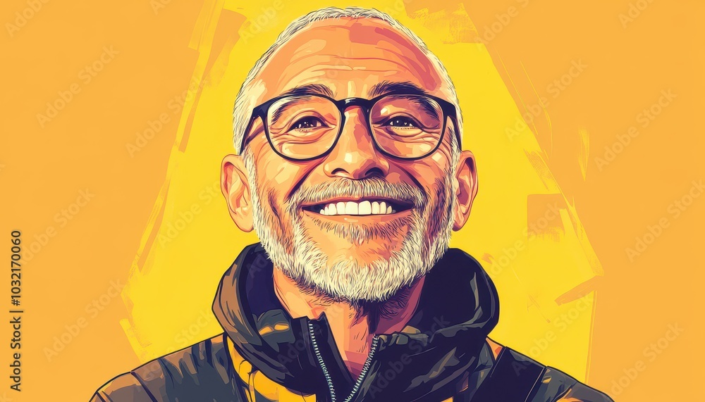 Cheerful older man smiling warmly in a bright, colorful illustration Cheerful older man smiling warmly in a bright, colorful illustration