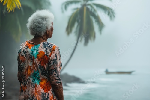 A lone Tuvaluan woman stands by the shore, gazing at the misty ocean and palm trees on a serene day in Tuvalu photo