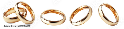 Set of shiny golden wedding rings isolated on a white background. These classic, elegant rings symbolize love, marriage, and commitment. 3d marriage jewelry vector illustration.