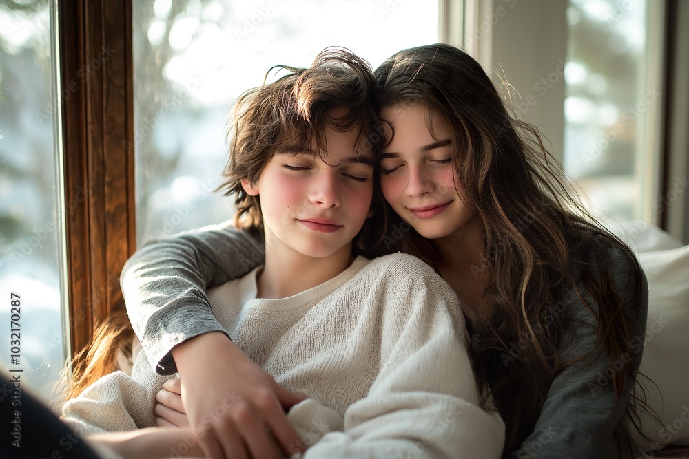 A mother lovingly embraces her daughter by the window, capturing a warm moment of connection and affection in soft, natural light A mother lovingly embraces her daughter by the window, capturing a warm moment of connection and affection in soft, natural light