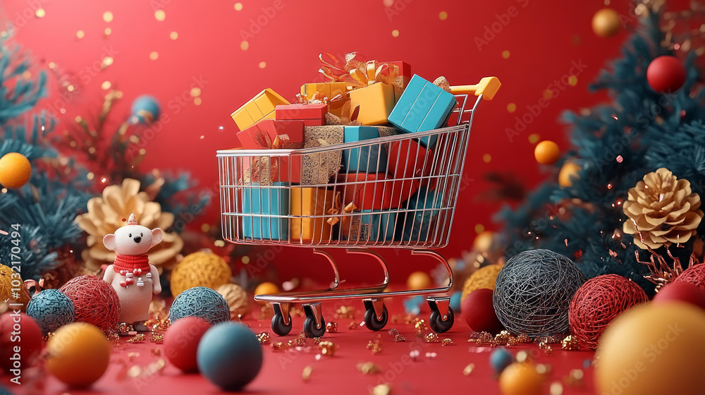 Shopping cart filled with packaging gift box, shopping festival consumption festival concept Shopping cart filled with packaging gift box, shopping festival consumption festival concept