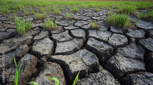 Dried, compacted soil with deep fissures across a once lush grassland, highlighting the environmental impact of water shortages and the greenhouse effect on agriculture. photo