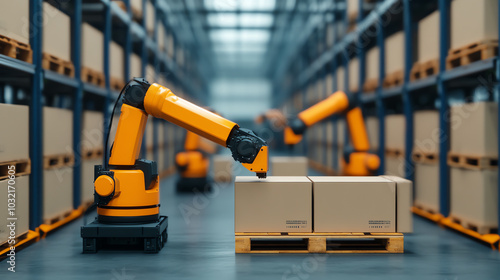 Automated robotic arms working in a warehouse, efficiently handling boxes on pallets, symbolizing innovation in logistics and manufacturing.