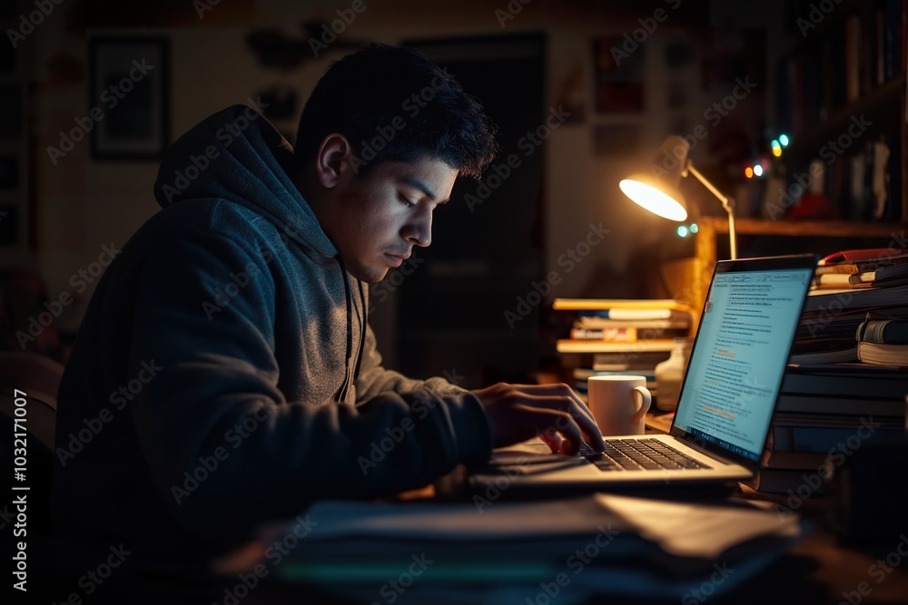 Late-night writer immersed in creativity at a cluttered desk with warm lighting and a steaming cup of coffee Late-night writer immersed in creativity at a cluttered desk with warm lighting and a steaming cup of coffee