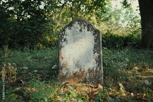 A tombstone stands alone in a lush green grassy field, perfect for historical or memorial scenes