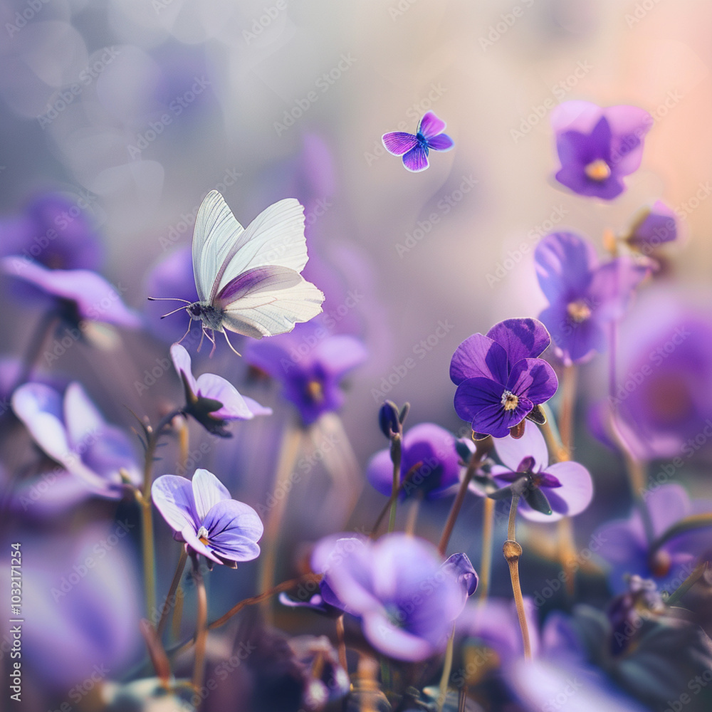 Soft Purple flowers of of violet with flying butterfly on blur spring background Soft Purple flowers of of violet with flying butterfly on blur spring background