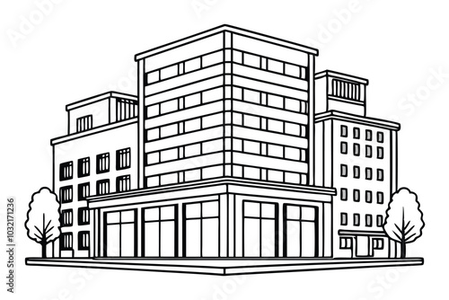 Multi-Storey Building Continuous Line Art Drawing of Apartment, Office, or Industrial Structure, illustration on black and white.