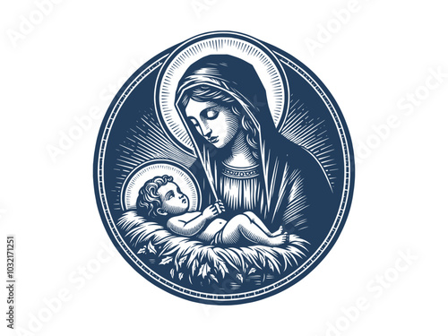 Virgin Mary and newborn baby Jesus in a manger. Bethlehem, Christmas.  Old vintage engraving vector illustration. Round emblem, print, tattoo