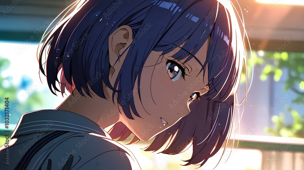 Naklejka premium anime girl ties her colored hair, graceful and charmingly beautiful.