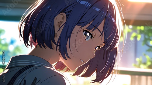 anime girl ties her colored hair, graceful and charmingly beautiful.