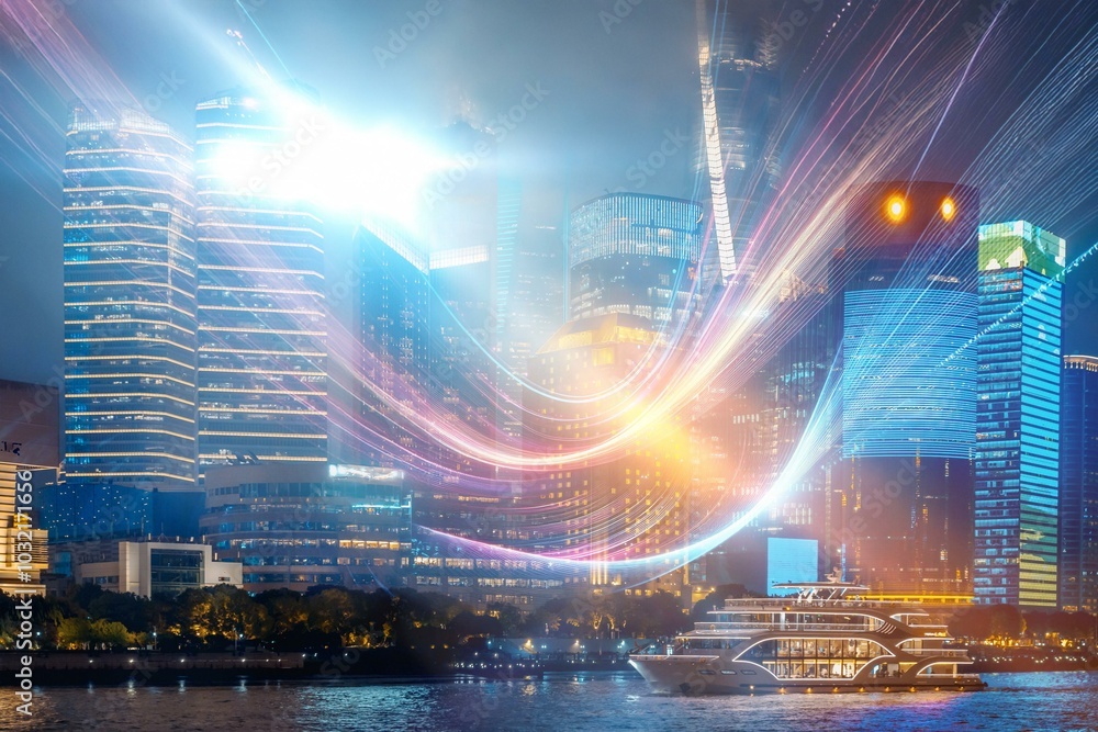 Fototapeta premium Night cityscape with tall skyscrapers illuminated with bright lights and a large boat traveling through a river.