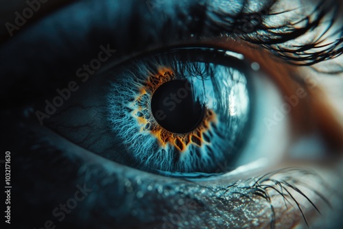 A close-up shot of a person's blue eye with defined eyelashes and pupil