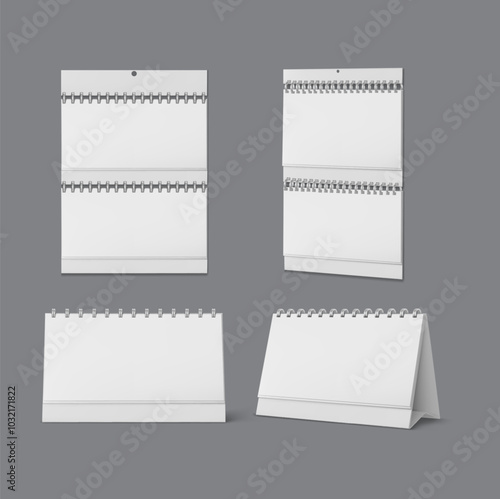 Desktop and wall calendars with spiral and blank pages isolated on white background. realistic mockup of white paper CALENDARS, office planner or notepad standing on table or hanging on wall