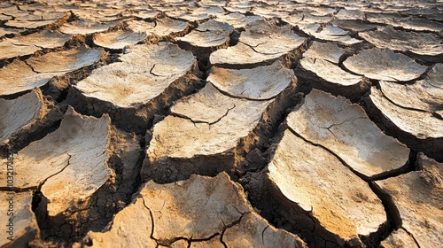 Cracked, dried-up mud flats stretching across a vast plain, symbolizing the long-term effects of global drought and the environmental degradation caused by climate change. photo