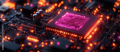 Close-up of a glowing pink CPU chip on a motherboard with bright orange lights.