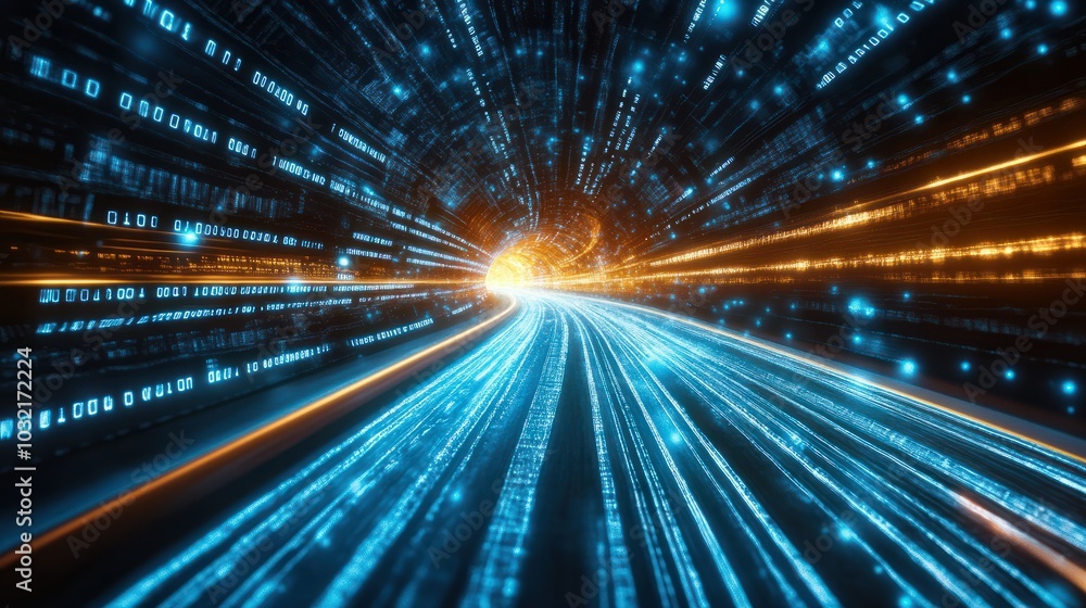 Abstract road with blue light trails , data transfer speed and digitization concept Abstract road with blue light trails , data transfer speed and digitization concept