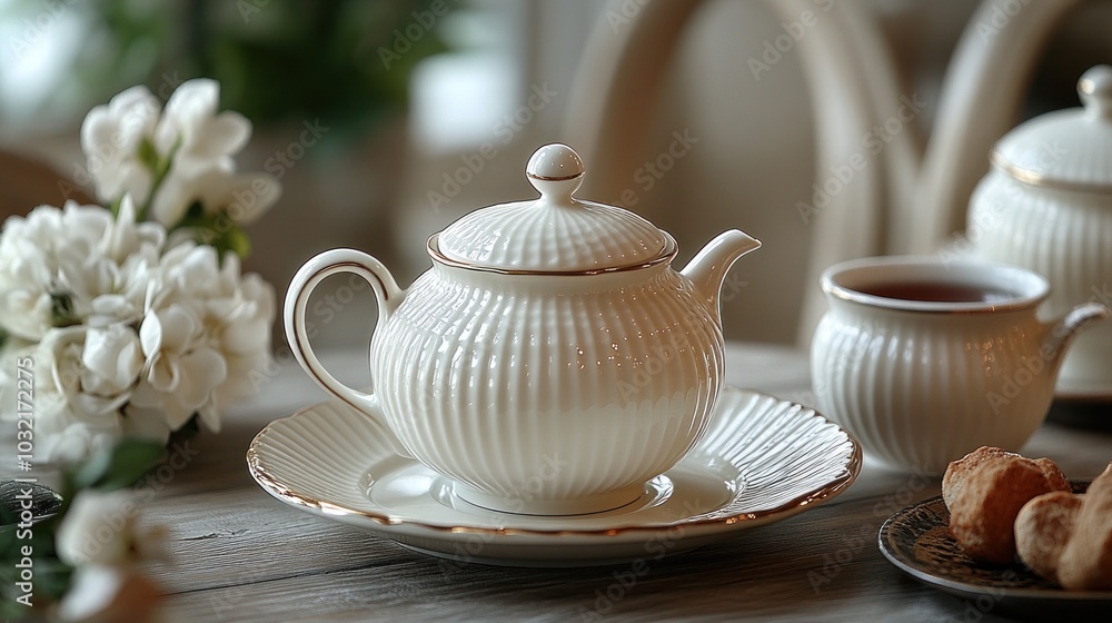 A white teapot, saucer, and teacup with a gold trim sits on a wooden table with a bouquet of white flowers and cookies in the background. A white teapot, saucer, and teacup with a gold trim sits on a wooden table with a bouquet of white flowers and cookies in the background.