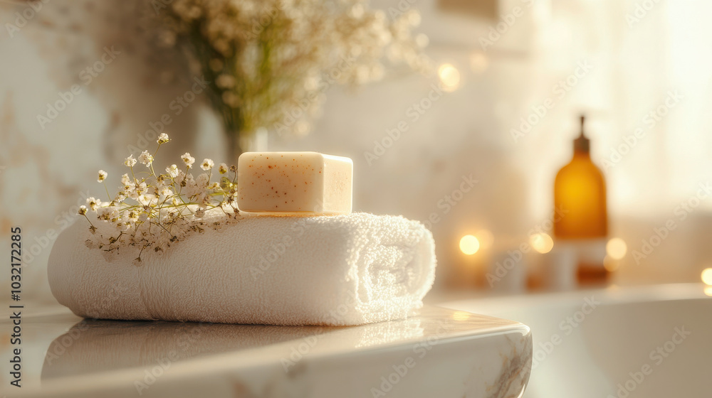 A serene bathroom scene featuring a towel, soap, and decorative elements for relaxation. A serene bathroom scene featuring a towel, soap, and decorative elements for relaxation.
