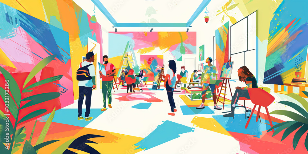 A vibrant art therapy class, where participants are encouraged to express themselves through color and shape, promoting self-discovery and healing. A vibrant art therapy class, where participants are encouraged to express themselves through color and shape, promoting self-discovery and healing.