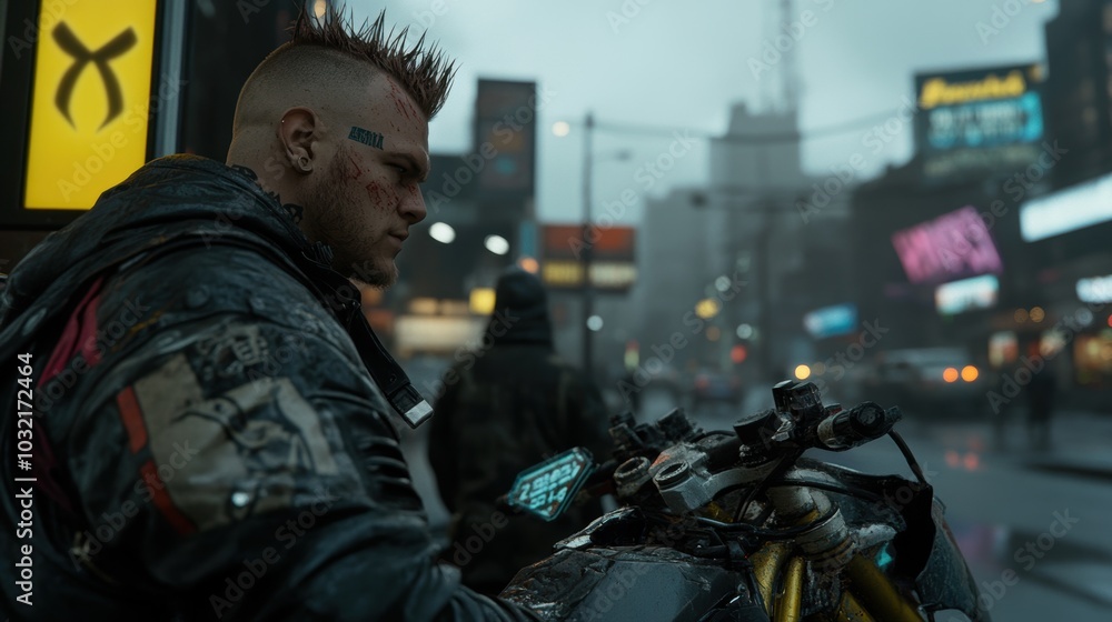 Side profile of mohawk man on bike in cloudy cyberpunk street Side profile of mohawk man on bike in cloudy cyberpunk street
