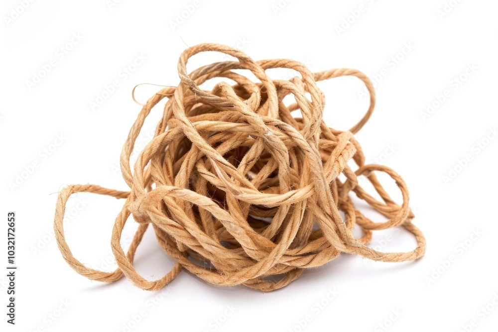 A close-up shot of a tightly wound jute rope ball on a plain white background A close-up shot of a tightly wound jute rope ball on a plain white background
