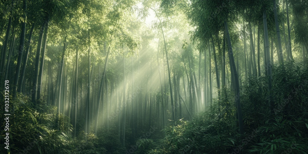 Sunbeams pierce foggy bamboo forest. Sunbeams pierce foggy bamboo forest.
