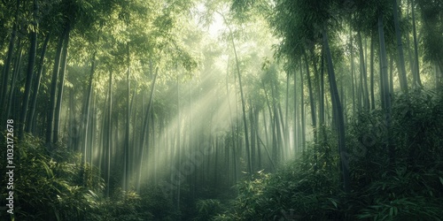 Sunbeams pierce foggy bamboo forest.