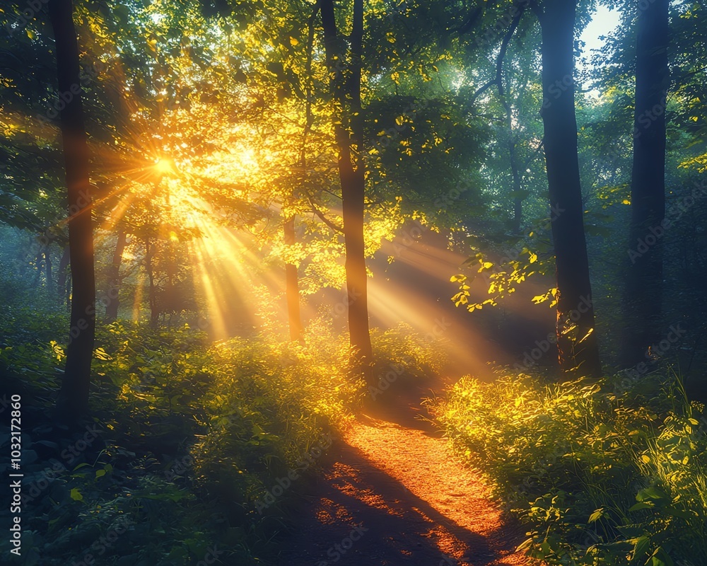 Naklejka premium A vibrant forest scene with sunlight breaking through green treetops, creating stunning lens flare in captivating nature photography