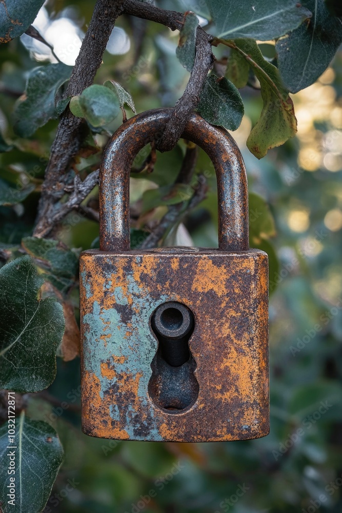 A old-fashioned lock dangling from a tree limb, suitable for use in scenes with nostalgia or mystery A old-fashioned lock dangling from a tree limb, suitable for use in scenes with nostalgia or mystery