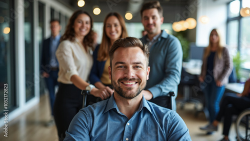 Diverse and Inclusive Business Team with Wheelchair User in Office: Perfect for Corporate Diversity Campaigns