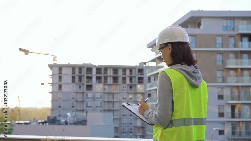 Female engineer with a white protective helmet and safety vest is writing on a clipboard while inspecting a construction site at sunset. Architect concept Female engineer with a white protective helmet and safety vest is writing on a clipboard while inspecting a construction site at sunset. Architect concept
