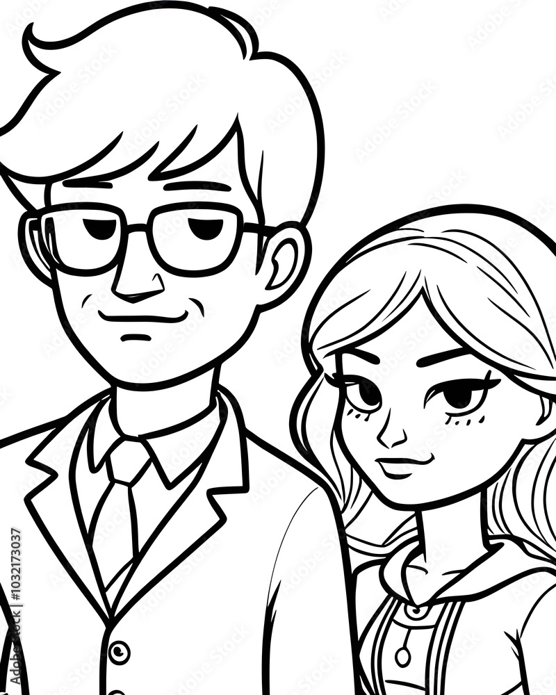 A drawing of a couple with glasses and a man in a suit. A drawing of a couple with glasses and a man in a suit.