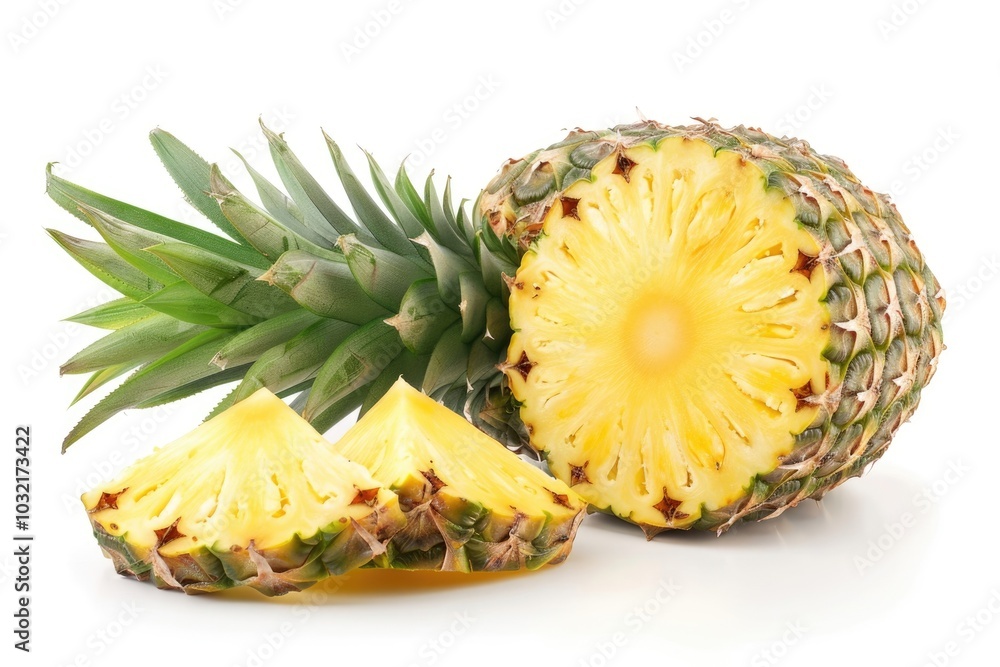 Whole pineapple and pineapple slice. Pineapple with leaves isolate on white. Full depth of field. Whole pineapple and pineapple slice. Pineapple with leaves isolate on white. Full depth of field.