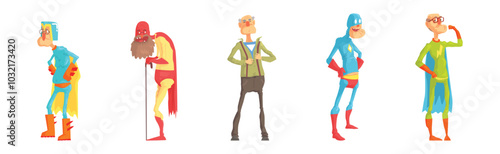 Funny Elderly Man Superhero Wearing Suit and Cape Vector Set