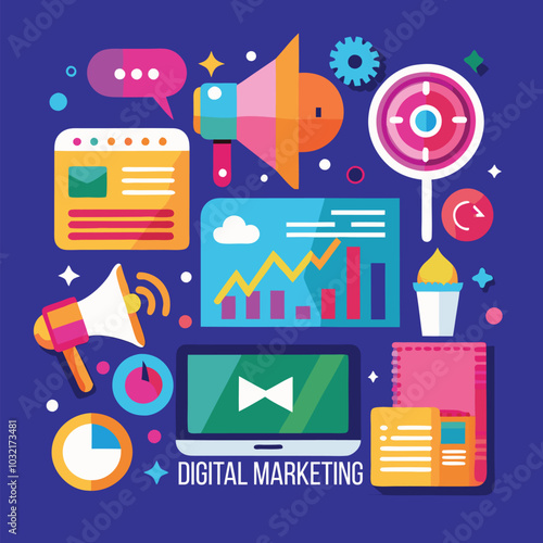 Illustration of a digital marketing related playful and colorful icon banner. Generative AI.