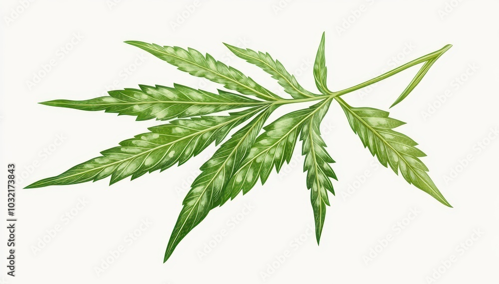 Detailed view of a cannabis leaf isolated on a white background for clarity and study Detailed view of a cannabis leaf isolated on a white background for clarity and study