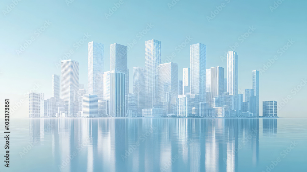 3D rendering of white modern building city skyline reflection background 3D rendering of white modern building city skyline reflection background