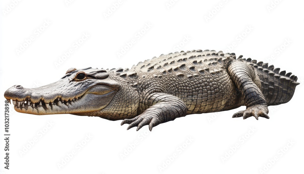 Naklejka premium Crocodile resting on a white background in a natural pose