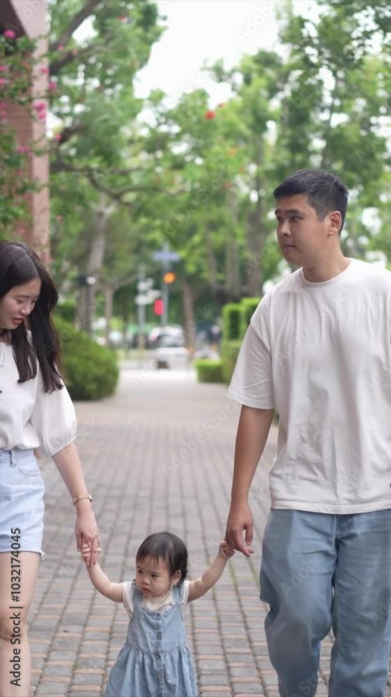 A Taiwanese family, consisting of a father in his 30s, a mother in her 20s, and their 1-year-old daughter, are walking apartment in Taichung City, Taiwan.Slowmotion, Vertical Video. A Taiwanese family, consisting of a father in his 30s, a mother in her 20s, and their 1-year-old daughter, are walking apartment in Taichung City, Taiwan.Slowmotion, Vertical Video.