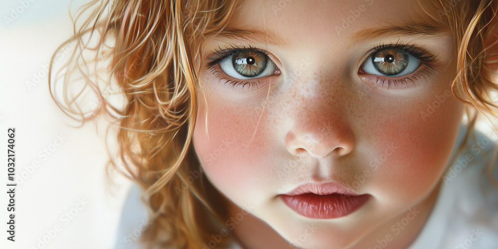 A Close-Up Portrait of a Young Child With Curly Hair and Striking Blue-Green Eyes, Capturing a Moment of Curiosity A Close-Up Portrait of a Young Child With Curly Hair and Striking Blue-Green Eyes, Capturing a Moment of Curiosity