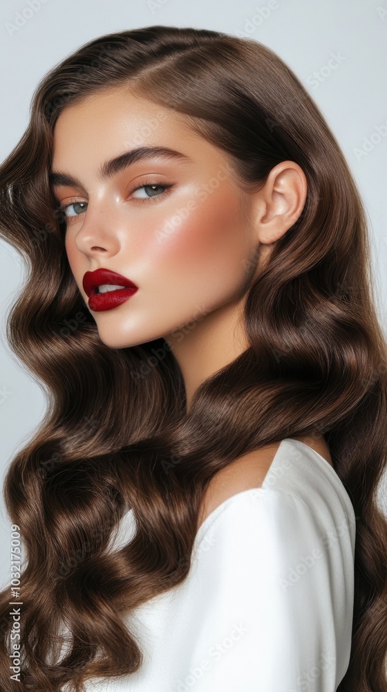 Curling iron styling soft waves on long brunette hair, loose curls cascading over shoulders in an elegant salon setting Curling iron styling soft waves on long brunette hair, loose curls cascading over shoulders in an elegant salon setting