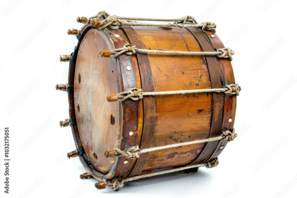 A close-up of a wooden drum wrapped in rope, sitting on a white background
