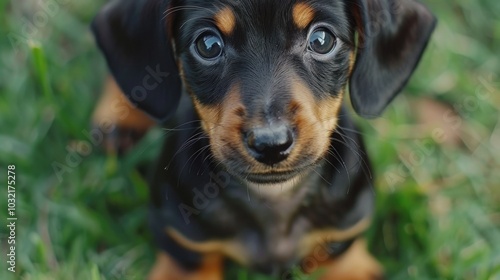 A small dog sits in the grass, its fur blending with the surroundings