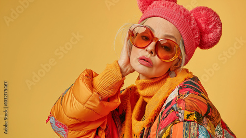 Stylish middle-aged woman in sunglasses on the yellow background 