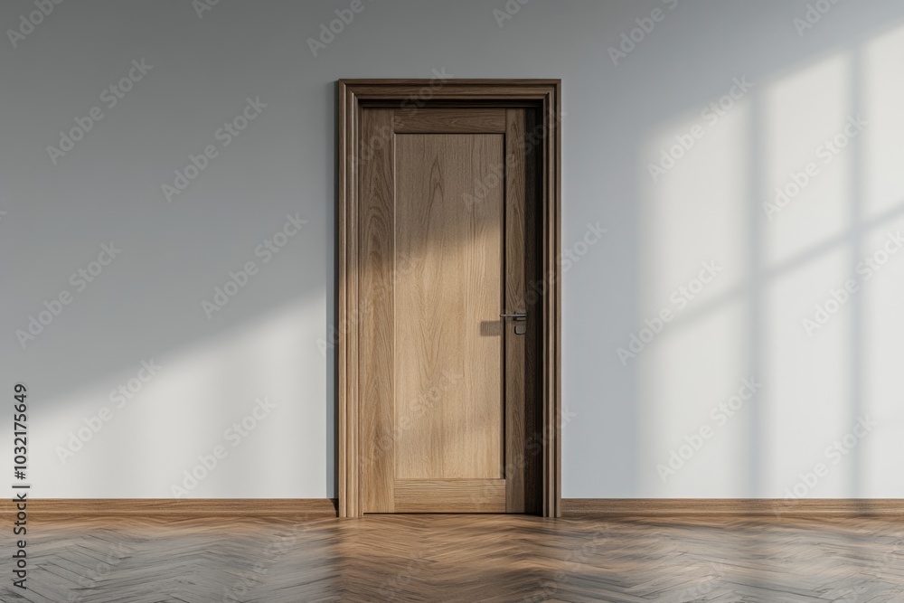 Fototapeta premium A simple, empty room with a wooden door and parquet floor