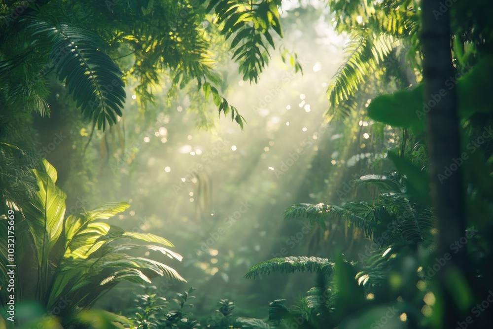 A warm and vibrant image of sunlight shining through the leaves and branches of a dense jungle, great for use in travel or adventure photography A warm and vibrant image of sunlight shining through the leaves and branches of a dense jungle, great for use in travel or adventure photography
