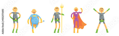 Funny Elderly Man Superhero Wearing Suit and Cape Vector Set